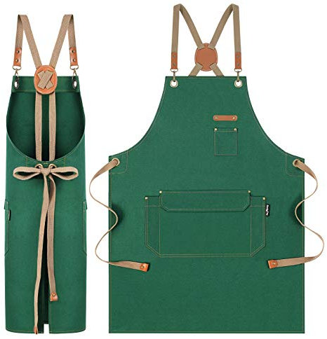 Genixart Kochschürze für Männer und Frauen mit Taschen, Baumwoll-Leinen-Schürze für Küche, Kochen, Backen, Künstler, Malen, Kreuzrücken, Arbeitsschürzen für Geschäft, Garten, Restaurant, Café,