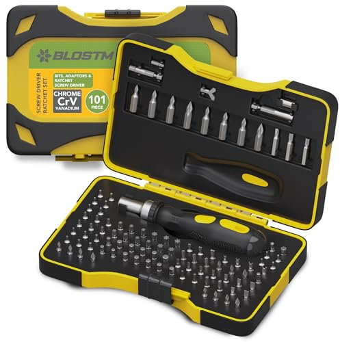 BLOSTM 101-teiliges magnetisches Ratschen-Schraubendreher & Sicherheits-Bit-Set – Multifunktionale Cr-V 1/4 Zoll Schraubendreher-Bits & Adapter (Sechskant, Stern usw.) – inkl. Aufbewahrungskoffer
