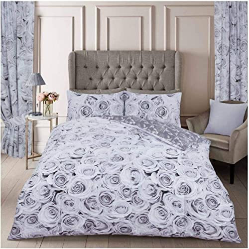 Artistic Fashionista Limited Easy Care Soft Duvet Cover Sets Bellerose Floral Rose Flowers Reversible Duvet Quilt Cover Sets Pillowcases Bedding Set, Single Double King SuperKing (Grey, King)
