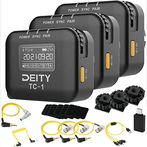 Deity TC-1 Kit Kabellose Timecode-Box, 3 Stück, 2,4 G Radio, Timecode-Genauigkeit 0,5 ppm, 8 Kanäle, Bluetooth 5.0, max. Reichweite 75 m, unterstützt App-Steuerung mit 3 BNC-Kabeln, kabelloser