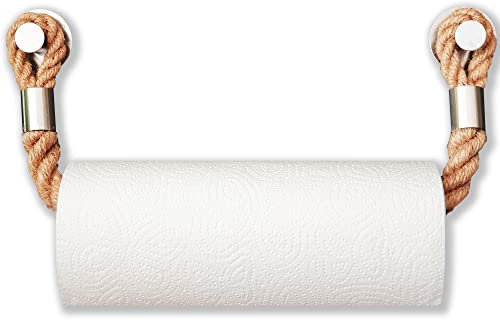 LeTOMA Küchenrollenhalter aus 100% Natur Jute-Seil zum Kleben | Maritimer Papierrollenhalter mit Edelstahl Haken | Selbstklebend ohne Bohren | Küchenpapierhalter aus dickem Tau