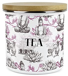 Purely Home Asian Scenes Tea Canister - White Metal Enamel Kitchen Food Storage Container