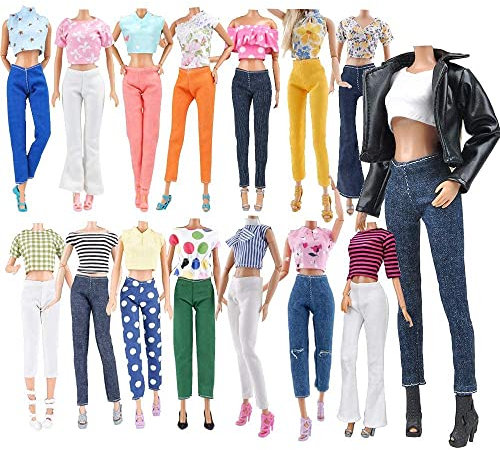 IMAGINE Lot 15 Artikel = 5 Sets Puppenkleidung für 29,8 cm Mädchenpuppen-Outfits zufälliger Stil (Lederjacke + Freizeitkleidung)