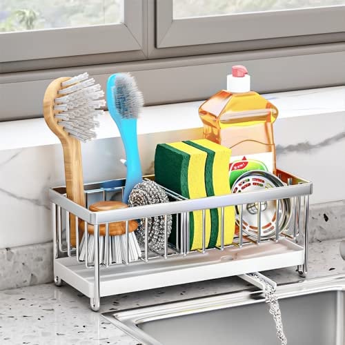 DMJWAN Kitchen Sink Caddy Organizer, 304 Stainless Steel Sponge Holder Sink Caddy for Dish Rags Brush Soap Scrubber with Auto Drain Tray (Silver)