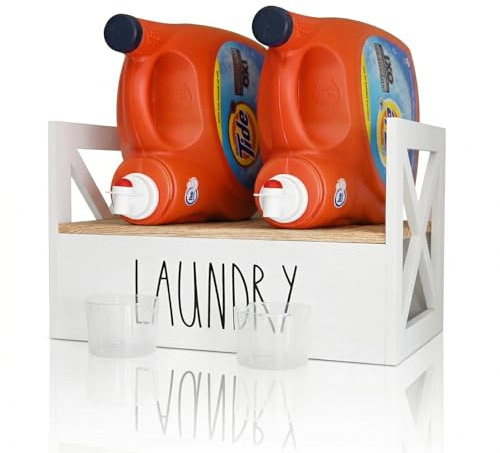 CHONIC Detergent Holder for Laundry Room, Farmhouse Detergent Dispenser, Liquid Soap Storage Organization, Detergent Stand with Drip Catcher Drip Tray Measuring Cup, Laundry Station Organizer, White