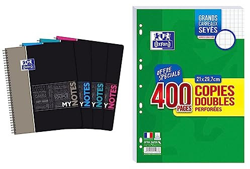 Oxford Cahier Etudiants MyNotes A4+ Grands Carreaux Seyès 160 Pages Reliure Intégrale Couverture Carte, Gris/Bleu/Aqua/Rose & Lot 400 Pages Copies Doubles Grands Carreaux Seyès Format A4 Perforées