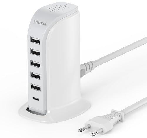 TESSAN Chargeur USB C, Multiprise USB 40W avec 6 Ports (5 A et 1 C), Chargeur Rapide avec PD 20W, 6 en 1 Station de Charge avec Câble 1,5m, Adaptateur pour Smartphones, Tablettes etc