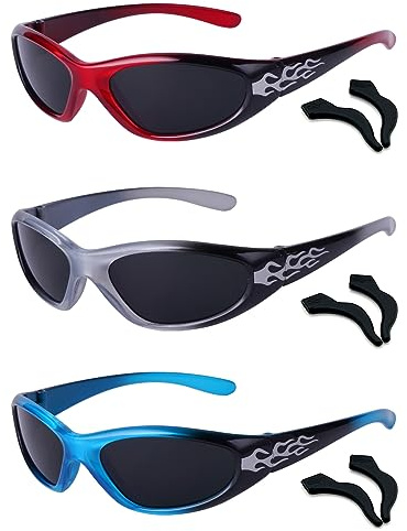 XINB LOOK 3 Pack Kids Sports Sunglasses with Flame Pattern, UV400 Protection Wrap Around Sun Glasses with Anti-Slip Ear Hooks for Boys Girls Toddlers Outdoor Cyclin