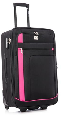 ATX Luggage Medium Suitcase Expandable Soft Shell Durable Lightweight Hold Check in Trolley Case with 2 Wheels & Built-in 3 Digit Combination Lock (Black/Pink, 79 Liter)