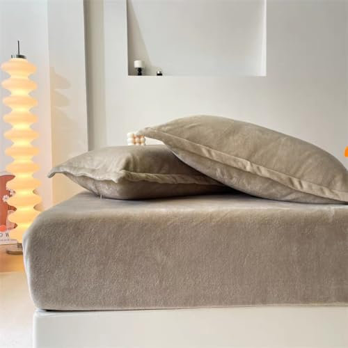 Michorinee Warme Fleece Spannbettlaken 200x200cm Cashmere Touch Kuschelig Flauschig Plüsch Flanell Bettlaken Spannbetttuch für Boxspringbett Topper Matratze bis 30 cm Hohe Khaki