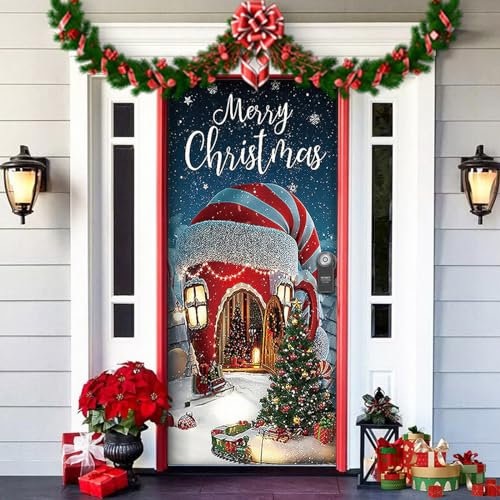 Greenyre Weihnachten Tür Abdeckung Dekoration,91cm x 203cmWeihnachtsmann Tür Decke Weihnachten Tür Hängen Banner Hintergrund, Weihnachtsbanner für Haus Haustür Veranda Weihnachten Deko