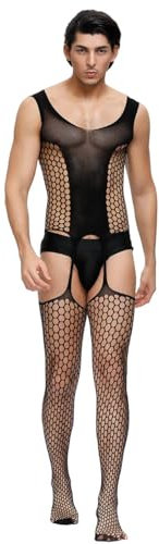 ohyeahlady Body de Rejilla Sexy Hombre Fiesta Talla Grande Medias Red de Malla Conjunto de Lencería de Encaje Bodystocking Abierto Jumpsuit Mesh Ropa Interior Transpirable Clubwear Negro,L-XXL