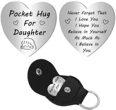 CREATCABIN Jeton de Câlin de Poche Forme Cœur Jeton de Souvenir de Relation Longue Distance en Acier Inoxydable Double Face Jeton Poche Inspirant avec Porte-Clés Cuir pour Fille Amis Cadeau 2.6x2.6cm