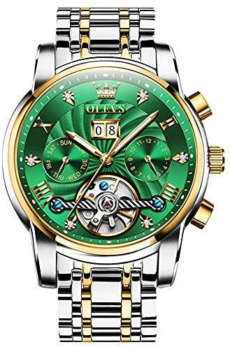 OLEVS Montre automatique pour homme Tourbillon Mécanique à remontage automatique Luxe Business Acier inoxydable Lumineux Étanche Montre-bracelet, Bracelet bicolore et cadran vert, Bracelet