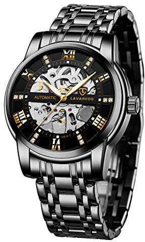aswan watch Automatik Uhr Herren-Skelett Glasboden Römische Zahlen Diamant Zifferblatt-Mechanische Armbanduhren mit Edelstahlarmband