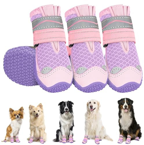 Eyein Hundeschuhe Pfotenschutz, 4 Stück atmungsaktiv Hundeschuhe mit Rutschfester Sohle und reflektierendem Klettverschluss für kleine, mittlere und große Hunde, Sport im Freien, Lila, Größe 1