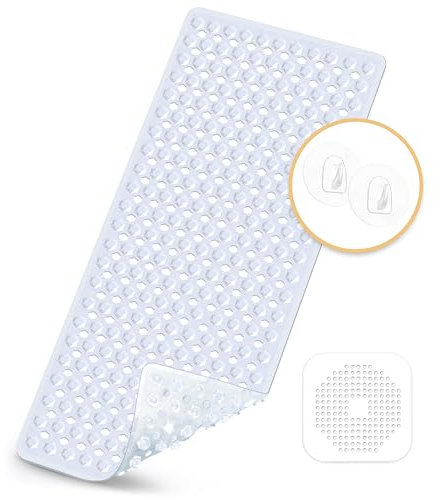 Badewannenmatten rutschfest Kinder，100% BPA frei Enthält 2 Haken zum Aufhängen&Abflusssieb Silikon,100x40cm，Antirutschmatte für Badewanne，Duschmatte,schimmelresistent & maschinenwaschbar (Transparent)