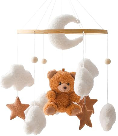 Herfair Campana de cama móvil para bebé con oso de peluche, de madera, para niñas, para cuna de bebé, color marrón
