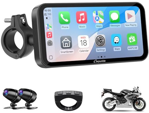 Carpuride Pantalla CarPlay GPS para Motocicleta de 6,3 Pulgadas, CarPlay inalámbrico y Android Auto para Motocicletas, con cámara Dual 1080P, Control Remoto, IP67 a Prueba de Agua, BT Aduio