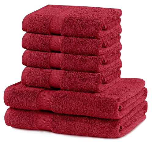 DecoKing 6er Set Baumwolle Qualität 525g/m² 4 Handtücher 50x100 cm und 2 Badetücher 70x140 cm dunkelrot weinrot rot saugfähig Marina