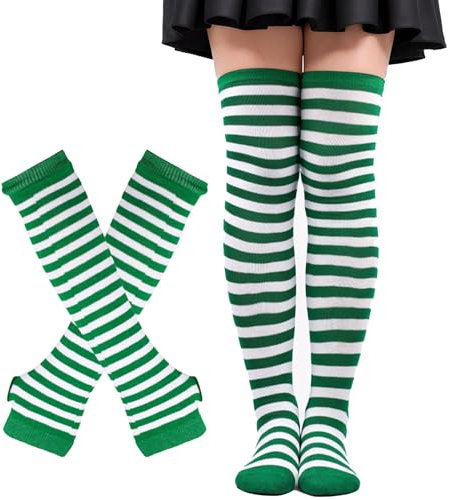 Lufdegim Damen Gestreifte Kniestrümpfe, Thigh Highs Socken Lange Strickhandschuhe Socken Set für Party Kostüm (DE/NL/SE/PL, Alphanumerisch, Einheitsgröße, Regular, Regular, Grün und Weiß gestreift)