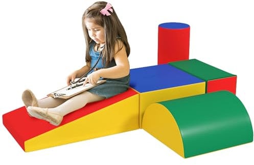 HOMCOM 5 Piece Kids Soft Play Set, Climb and Crawl Activity Toys Set for Baby Toddler, Soft Foam Blocks Indoor Play Equipment Learning Toys Yellow