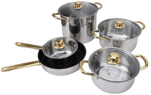 Edelstahl-Töpfe und Pfannen-Set mit Ergonomischen Goldenen Griffen, Multifunktionale Kochtöpfe mit Glasdeckel, Vielseitiges Kochgeschirr-Set für die Küche