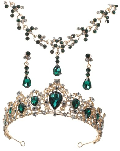 LALADEFIEE Women Jewelry Rhinestone Earrings Wedding Choker Necklaces for Bridal Costume Elegant Jewelry Tiaras Crown Jewelry Tiaras for Women Bridesmaid Jewellery Green