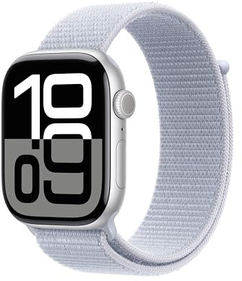Apple Watch Series 10 (GPS + Cellular 46 mm) Smartwatch mit Aluminiumgehäuse in Silber und Sport Loop in Blaue Wolke (One Size). Fitnesstracker, EKG App, Always-On Retina Display, CO₂ neutral