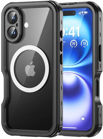 Lanhiem für iPhone 16 Hülle, IP68 Wasserdicht [Kompatibel mit Magsafe] Handyhülle iPhone 16 Magnetisch Case 360 Grad Panzerhülle Outdoor Stoßfest Schutzhülle Cover mit Displayschutz, Schwarz