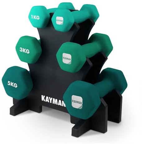 KAYMAN Neoprene Dumbbells Set with Stand – 1kg, 2kg, 3kg Hex Hand Weights for Home and Gym – Anti-Slip Grip, Water-Resistant Coating – Weights Dumbbells Set for Strength Training and Workouts