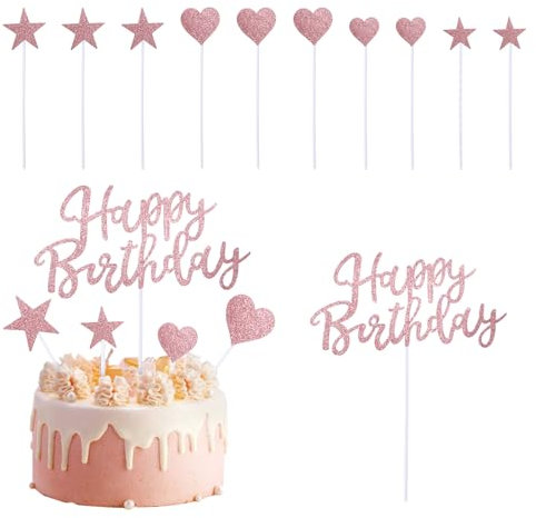 11 adornos para tartas de cumpleaños con purpurina, decoraciones para tartas de cumpleaños para fiestas de cumpleaños, con decoración de estrella y corazón para tu familia y amigos