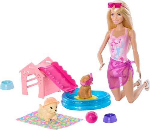 Barbie Fiesta de cachorros en la piscina Conjunto de juego con muñeca, casita para perros y tobogán, piscina en forma de corazón, dos figuras de perros, seis accesorios y cambio de color, JBF35