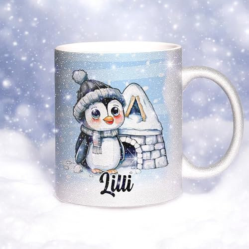 Sunnywall Glitzertasse Personalisiert mit Namen – Weihnachtstasse - Pinguin Winter-Edition - Wintertasse aus Keramik - Geschenkidee