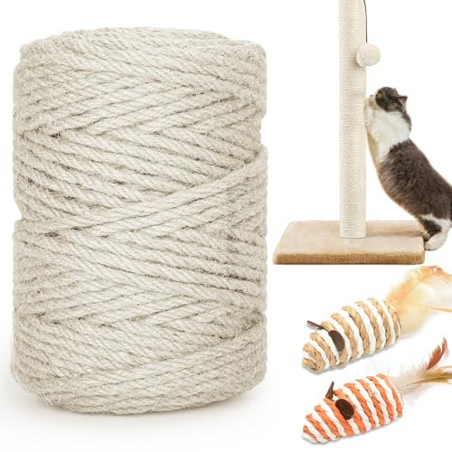 HezzLuv 328FT/100M Cat Scratching Sisal Rope, 6mm Thick Natural Jute Rope for Scratch Posts, Cat Trees, DIY Projects, Sisal Rope for Cat Scratcher with 2 Cat Mouse Toys (White, 328ft)