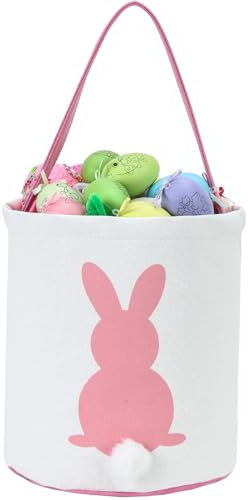 OneCut Osterhasenkorb-Eierbeutel für Kinder, personalisierter Süßigkeiten-Eierkorb aus Leinen, Hasen-Aufdruck, mit flauschigem Schwanz, Geschenkbeutel für Ostern (Rosa)