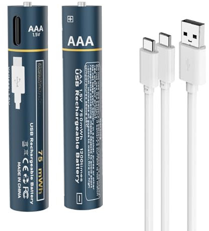 Kamnnor Batterie ricaricabili AAA al litio da 1,5 V USB ricaricabili al litio AAA da 750 mWh con cavo di ricarica 2 in 1 tipo C, ricarica rapida in 2 ore, ricarica 1200 volte