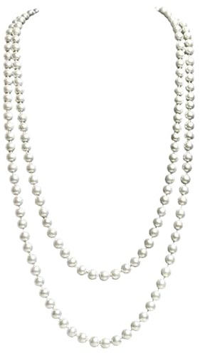 AWAVM Perlenkette weiß 150 cm,1920s Gatsby Kostüm Accessoires Lange Perle Halskette,Dame Weiße elegante künstliche Perlen-Halsketten -lange Strickjacke-Perlen-Ketten-Halskette