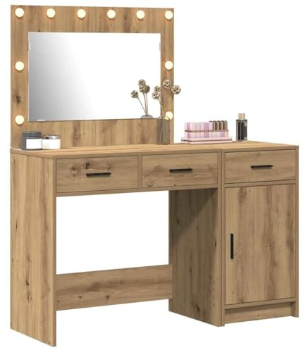 vidaXL Schminktisch mit Spiegelbeleuchtung 2 pcs Braun Holzwerkstoff, Modernes Schlafzimmer mit rechteckigem Schminktisch, viel Stauraum, robuster Kosmetikschrank, Möbel für Dein Zuhause
