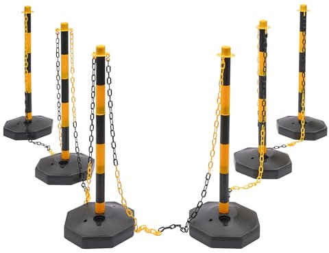 Garbenat Kettenpfosten 6 Stück Absperrpfosten Set, Metall Abgrenzungsständer mit 5 Ketten und 10 S-Haken 85cm Höhe Verstellbare Kettenständer Poller Warnständer für Gefahrenwarnung, Verkehrskontrolle