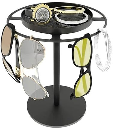 Mounteps 360° drehende Gläser Stand Organizer Edelstahl Brillen Display Rack mit Holz Tablett, platzsparende Sonnenbrille Halter für Schreibtisch, Kommode (Schwarz)