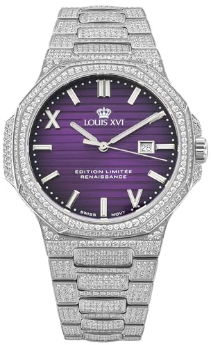 LOUIS XVI Renaissance 1624 - Ø 40 mm - Herren Uhr - Wasserdicht - Saphirglas - Armband Silber - Iced Out CZ-Diamanten - Zifferblatt Violett - CH Quarzwerk