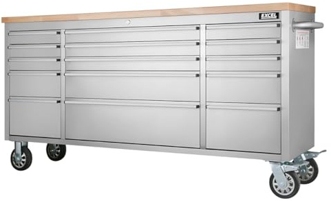 Excel 72 Stainless Steel Tool Chest Cabinet with 15 Drawers, Heavy Duty Professional Garage & Workshop Storage Solution