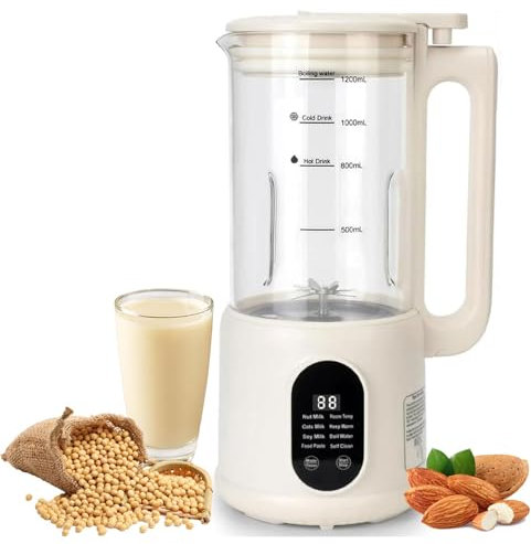 Soy Milk Maker, 600ML Nut Milk Maker Machine, 8 in 1 Oat Milk Maker with LED Display, 12H Timer/Auto-Clean/Keep Warm/12 Leaf fine Steel Blade, Milky Plant Machine for Home, Kitchen