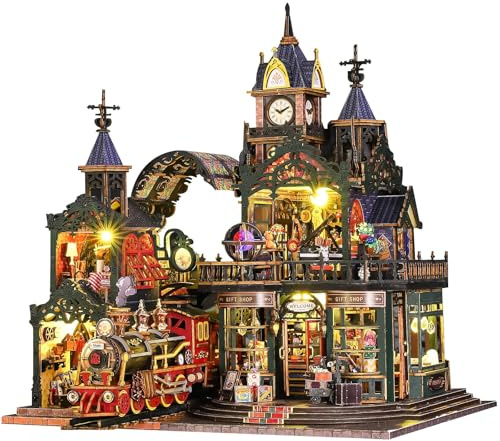 Spilay Miniatur Haus, Fantasy Uhrturmhaus Puppenhaus Holz | DIY Miniature House mit LED-Licht und Musikbox, 3D Puzzle für Erwachsene, Miniatur Bausatz, Regal Deko Geschenk