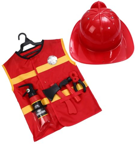 HONMEET 7 Stück Teiliges Feuerwehrkostüm Set mit Weste Hut Hammer Axt Feuerlöscher Zange und Brustemblem Waschbar Feuerwehr Rollenspiel Verkleidung für Jungen und Mädchen Karneval