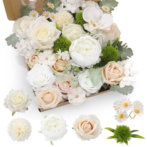 saerryor Artificial Flowers Box Fake Silk Roses Hydrangea Peony(White) | with Stems;for DIY Wedding Arrangement,Baby Shower;Flower Vase;Centerpiece Cake Decor;Table Decorations