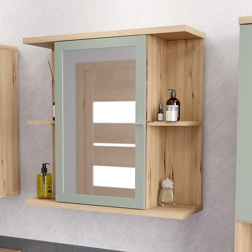 Forte Champ Spiegelschrank 70, moderner Badschrank, hängend, 1 Tür, 4 Ablagen, Holzwerkstoff, Artisan Eiche Holzdekor mit Salbei, 69,9 cm breit x 68,8 cm hoch x 23,2 cm tief