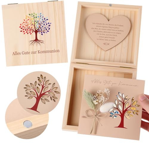 Hestya Kommunion Geldgeschenk für Mädchen Jungen, Baum des Lebens | Kommunion Geschenk Kommunion Holzkiste Holzbox mit Trockenblumen, Holzkarte, Holzherz, Geldgeschenke Verpackung aus Holz