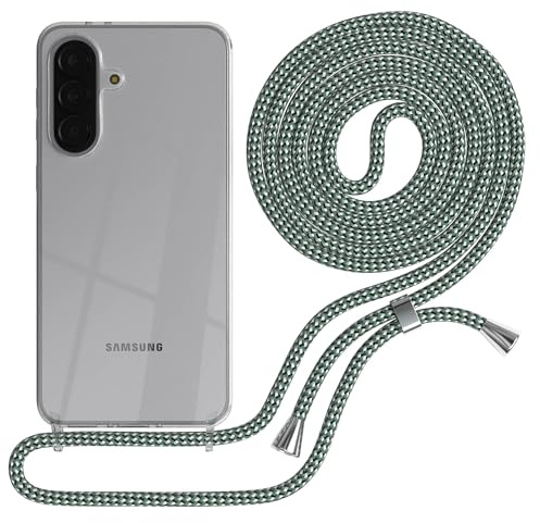 EAZY CASE Handykette kompatibel mit Galaxy A37 Handyhülle mit Umhängeband, Handykordel mit Schutzhülle, Silikonhülle, Hülle Band, Stylische Kette für Smartphones, Hell Grün Camouflage - Clips Silber